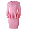 Yellow Bodycon O-neck Half Sleeve Slim Pencil Peplum Lady Casual Dress